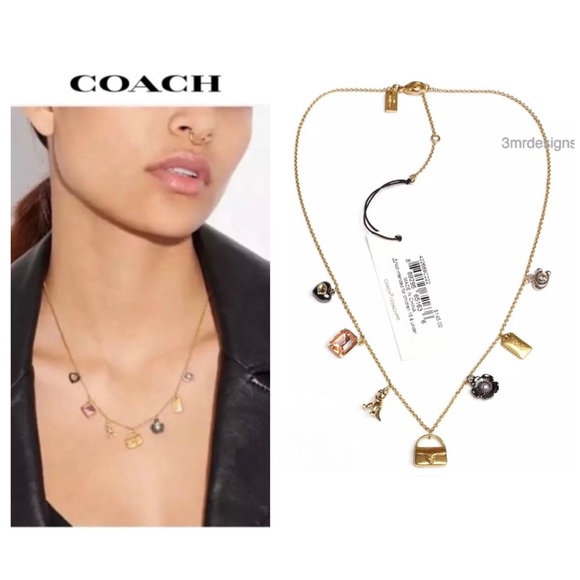 NWT COACH Mini Tabby/ Rexy & Iconic Charms 12-K Gold Plated CZ Crystals Necklace - Picture 1 of 8